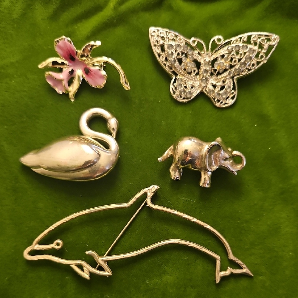 Vintage 5-pc Silvertone Animal & Butterfly Pin Lot with Pink Enamel Flower